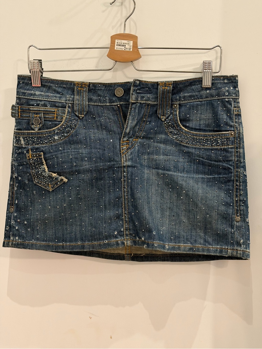 Taverniti So Jeans Rhinestone Embellished Denim Skirt Size 27 Y2K Indie Sleaze